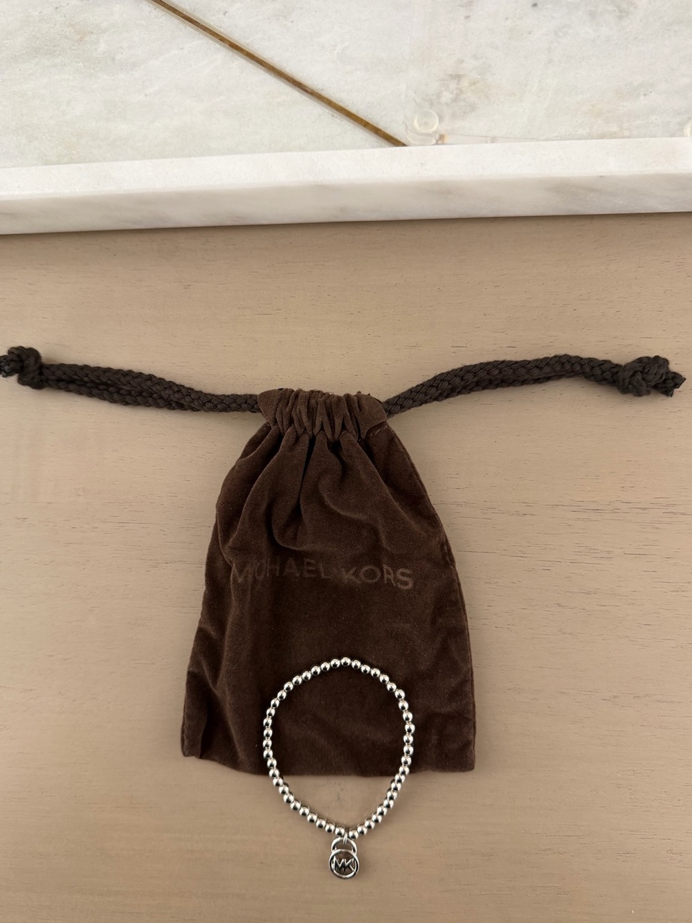 Michael Kors Silver Beaded Charm Bracelet - Brown Pouch